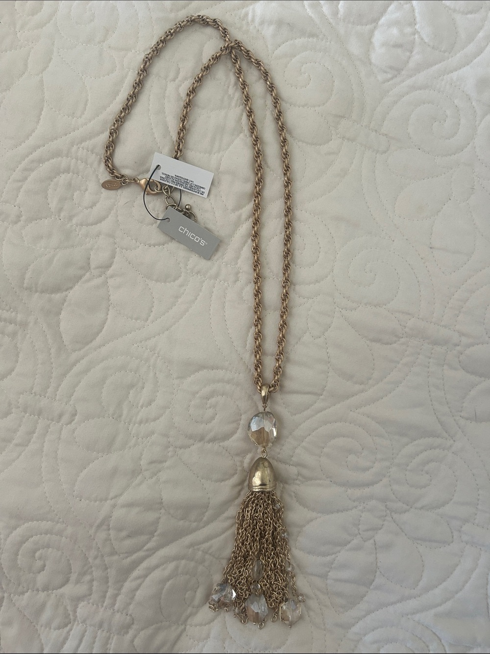Chico's Gold Chain Necklace with Crystal Tassel